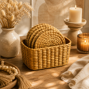Posavasos de caña de agua tejidos a mano con cesta a juego, juego de decoración natural para mesa del hogar - Product Image 5
