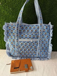 Bolsa de Mano de Lujo de Algodón con Volantes, Hecha a Mano, con Estampado de Bloques, Acolchada, para Compras, Oficina, Supermercado, Playa, Viajes, Reutilizable - Product Image 4