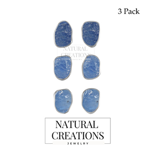 925 Sterling Silver Natural Blue Sapphire Rough Butterfly Lock Stud <b>Earrings</b> Classic Style Bezel Setting Pack of 3 Pairs - Product Image 1