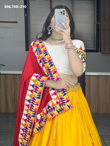 Festival wear Rayon Cotton with Animal Motif-Gamthi Work & <b>Gota</b>-Patti Border Lehenga-Choli & Gamthi-Border Dupatta Woman Fashion - Product Image 5