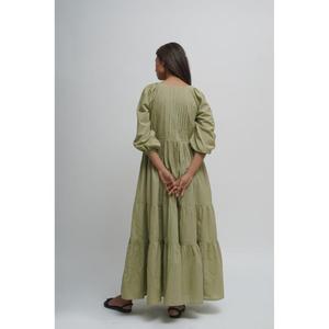 Robe longue trapèze 100 % coton vert olive avec col en V, manches lanternes, volants superposés, style estival respirant en lin pour femme - Product Image 3