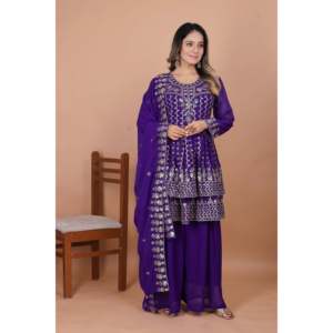 Traje Sharara de Chifón para Fiestas, Elegante con Bordado de Lentejuelas - Product Image 3