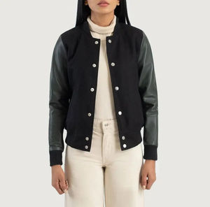 Blouson universitaire court en tricot pour femme à faible MOQ, avec manches longues en cuir, broderie de patch personnalisée, logo personnalisé, usine de blousons de baseball - Product Image 5