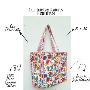 Sac fourre-tout bohème multicolore en coton matelassé, sac de plage et de voyage, sac de shopping en coton imprimé à la main en gros, motif floral 14x16 pouces - Product Image 5
