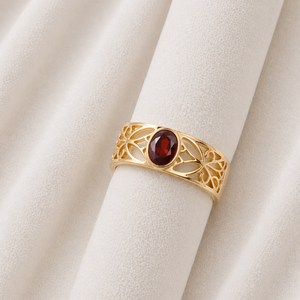 Garnet Filigree <b>Statement</b> <b>Ring</b> Gold Plated Brass Handmade Oval Red Gemstone <b>Ring</b> Elegant Designer <b>Ring</b> For Women - Product Image 4