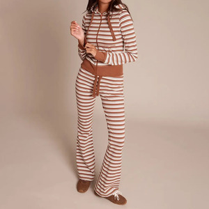 Conjunto de 2 Piezas de Punto con Capucha a Rayas para Mujer, Pantalones Largos, Estilo Casual, Holgado, Transpirable, de Algodón, para Todas las Temporadas, 2026 - Product Image 1