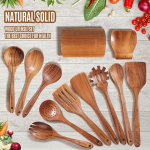 Set di 12 Utensili da Cucina in Legno di Teak con Impugnatura Comoda, Supporto per Cucchiaio e Finitura Liscia Antiaderente - Product Image 2