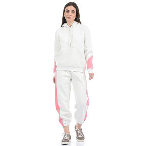 <b>Women</b> <b>White</b> Pink Color Block Hoodie And <b>Joggers</b> Set Casual Knitted Full Sleeve Autumn Wear - Product Image 1