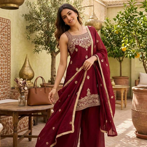 Ensemble Kurti Palazzo brodé Premium Rangoli Crush avec Dupatta à sequins épais |   Vêtements ethniques de créateurs pour femmes - Product Image 1