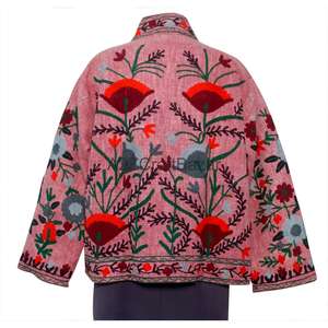 Blouson bomber en coton tricoté Suzani pour femme, à volants brodés, motif floral vintage, respirant et à séchage rapide pour l'hiver - Product Image 5