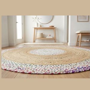 Handwoven <b>Round</b> Jute Rug Natural Braided Cotton Border Boho Rustic Floor <b>Carpet</b> Living Room Bedroom Home Decor Mat - Product Image 3