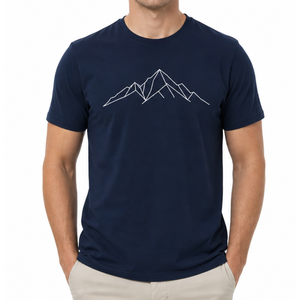 Servicio OEM, Camisetas de Hombre de Alta Calidad con Estampado Personalizado, Diseño Artístico de Líneas de Montaña, Camisetas Lisas de Algodón Azul Marino - Product Image 2
