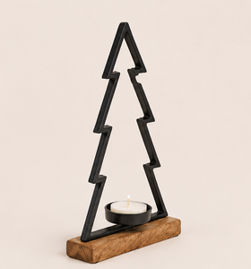 Handmade Metal Christmas Tree Candle Holder With Natural Mango Wood Base Modern Rustic Iron <b>Tea</b> Light <b>Stand</b> For Holiday Home - Product Image 1
