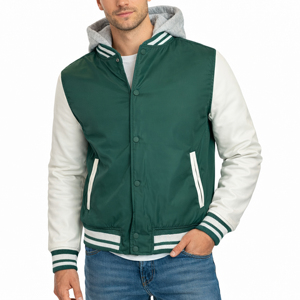 Chaqueta Varsity con Capucha para Hombre, Negra con Mangas Blancas, Color Sólido, Casual, Resistente al Viento, para Otoño, con Relleno de Poliéster y Cuello Camisero - Product Image 2