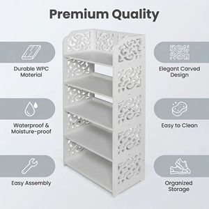 Scarpiera a 5 livelli in legno intagliato e plastica, salvaspazio, autoportante, organizer per ingresso e armadio - Product Image 5