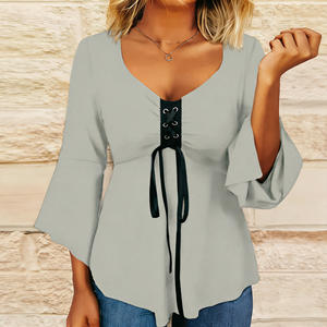 Oferta especial en blusa Temu para mujer con cuello en V, cordones, mangas acampanadas, peplum, estilo casual, elegante, de color sólido, para uso diario. - Product Image 6