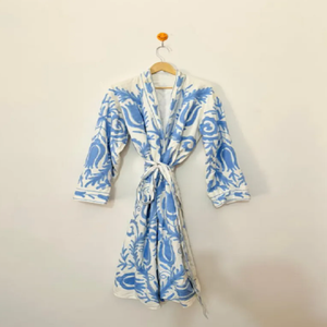 Blue Suzani Embroidered Cotton Kimono with Bohemian Long <b>Duster</b> Silhouette Lightweight Open Front Robe - Product Image 1
