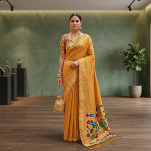 <b>Yellow</b> Silk <b>Saree</b> With Peacock Embroidery And Zari Weaving Work For Wedding Functions - Product Image 1