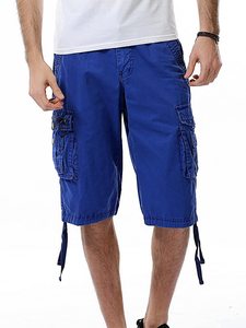 Men's Solid <b>Cargo</b> Shorts Mid Waist Drawstring Closure With Pockets Casual Style Breathable Cotton Fabric Bermuda Length - Product Image 4