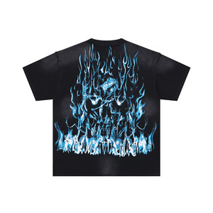 Black Men's T-<b>Shirt</b> With Blue <b>Flame</b> Print Back Design Short Sleeve O-Neck Street Style Regular Fit Cotton Jersey - Product Image 2