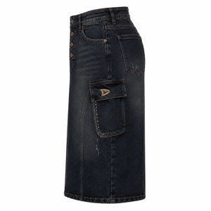 Falda Cargo Vaquera Vintage para Mujer Y2K, Cintura Alta, Índigo Oscuro, Midi, Estilo Urbano, con Bolsillos y Cierre de Botones, para Todas las Estaciones - Product Image 3