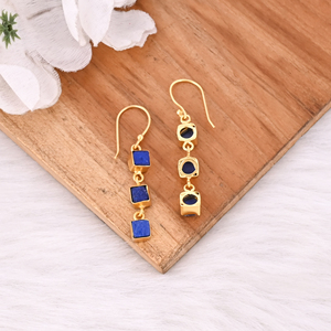 Natural Lapis Lazuli Triple Stone Brass Gold Plated <b>Hook</b> Shape <b>Earrings</b> for Women - Product Image 4