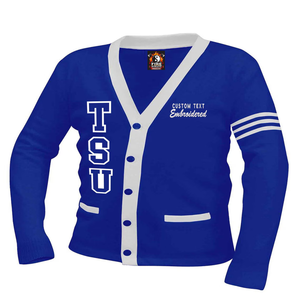 DFW Solid Dark Navy & White Stripes Custom Embroidered Unisex Cardigan, Varsity Sweater, Greek Apparel, College Apparel, - Product Image 1