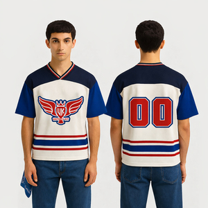 เสื้อฮอกกี้น้ำแข็งวินเทจสำหรับผู้ชาย แบบมีโลโก้สั่งทำ เสื้อยืดกีฬาตาข่ายลายทางย้อนยุค ชุดทีมระบายอากาศได้ดี เสื้อกีฬา - Product Image 1