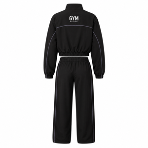 Ensemble de survêtement court noir pour femme, personnalisable avec logo, veste de sport athlétique et pantalon large, 2 pièces, en molleton polyester/coton, pour la gym - Product Image 6