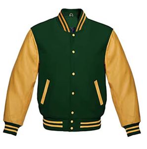 Chaqueta Varsity FEXTILE INTERNATIONAL para Hombre, Color Verde y Amarillo, Mangas de Spandex/Poliéster, Cuello Camisero, Botones a Presión - Product Image 1