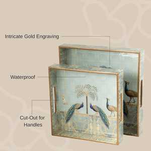 Ensemble de plateaux de service en bois émaillé : Plateau de service décoratif à motif de paon doré, peint à la main, pièce unique, artisanat en bois - Product Image 3
