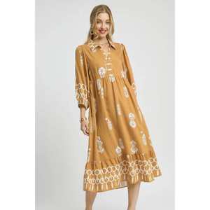 Umgee Johnny Collar Midi Vestido Con Dobladillo Con Volantes Y Diseño Impreso Variante Cumplido Manualmente - Product Image 1