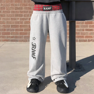 Pantalones de chándal holgados de cintura doble personalizados con apliques bordados, pedrería, lavado ácido y efecto desgastado por el sol - Product Image 1