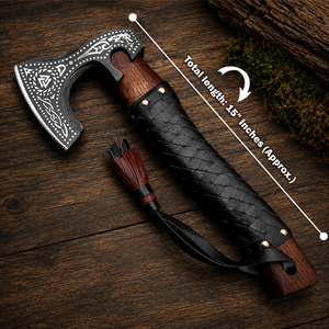 Handgeschmiedete Damaskus-Tomahawks mit Henri Wolf Gravur, Rosenholzgriff, 22-Zoll geschmiedete Stahlklinge, Outdoor-Display, Leder - Product Image 6