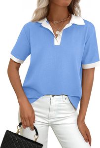 Camiseta Polo de Mujer, Color Crema, con Bloques de Color, Manga Corta, Tejida, Casual, Largo Regular, 100% Algodón, Transpirable, Estilo Polo, ODM - Product Image 2