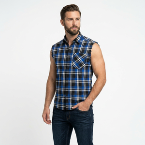 Camisa de Franela a Cuadros sin Mangas para Hombre, Azul y Negro, Cuello Camisero, Transpirable, 100% Algodón, para Otoño - Product Image 5
