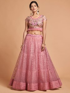 Pink Satin Maxi Net Evening Dress Set <b>Sequin</b> Embroidered A-Line Lehenga Blouse and Dupatta Wedding <b>Party</b> Outfit - Product Image 2
