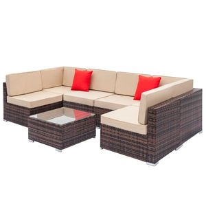 Set Divano 7 Pezzi in Rattan e Legno Teak Marrone con Cuscini Impermeabili, Telaio in Alluminio e Rattan PE per Esterni e Uso in Fattoria - Product Image 5