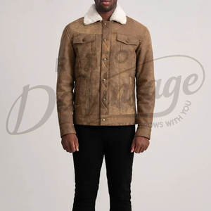 Chaqueta de Cuero Estilo Trucker para Hombre, Vintage, Desgastada, Color Bronceado, con Cuello de Sherpa Blanco, Abrigo de Cuero Casual para Invierno - Product Image 4