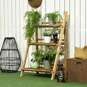 Support à plantes pliable en bois à 3 niveaux de 24 po x 15 po, étagère de rangement intérieure et extérieure pour balcon, jardin, terrasse - Product Image 2