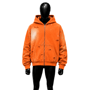 Sweat à capuche zippé respirant pour homme, orange, avec impression par pulvérisation et détails déchirés, durable, texturé, de créateur, luxe, classiques modernes - Product Image 1