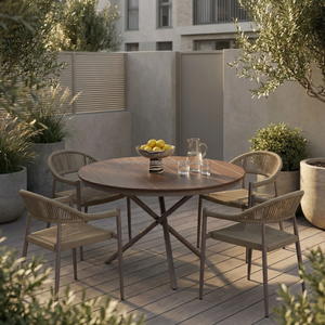 Minimalist Outdoor <b>Dining</b> Set with <b>Round</b> Wood <b>Table</b> and Four <b>Dining</b> Chairs for Villa Home Furniture & Restaurant Use - Product Image 2