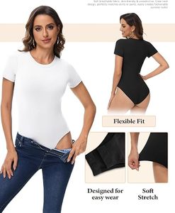 Combinaison pour femme à manches courtes, col rond, couleur unie, extensible, vêtements de sport, coupe ajustée, toutes saisons, tricot en spandex et coton - Product Image 6