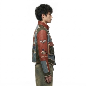 เสื้อแจ็คเก็ตหนังสีน้ำเงินอมเทาสำหรับผู้ชาย สไตล์มอเตอร์ไซค์ ลายกราฟิกแบบเรโทร วินเทจ คัลเลอร์บล็อก สตรีทแวร์ - Product Image 3