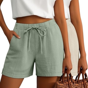 Lot de 2 shorts décontractés en lin pour femme, avec cordon de serrage, taille élastique, fentes latérales, confortables pour l'été, avec poches - Product Image 1