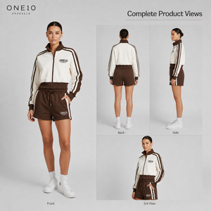ชุดเซ็ตเสื้อแจ็คเก็ตคอกลมและกางเกงขาสั้น ONE10 APPARELS สำหรับทุกเพศ ผ้าเนื้อนุ่ม ระบายอากาศได้ดี เหมาะสำหรับใส่ลำลองในฤดูหนาว ผลิตจากผ้าโพลีเอสเตอร์/คอตตอนผสมขนแกะถัก - Product Image 1