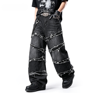Jeans de Mezclilla Negros Lavados Estilo Gótico Y2K de Pierna Ancha y Corte Regular para Hombre, Cintura Media, 100% Algodón, Pantalones de Estilo Urbano - Product Image 4