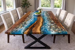 Table de salle à manger de luxe en résine époxy à bord naturel, écologique, style rivière Diwali, style océan bleu, mobilier de bureau et de conférence - Product Image 2