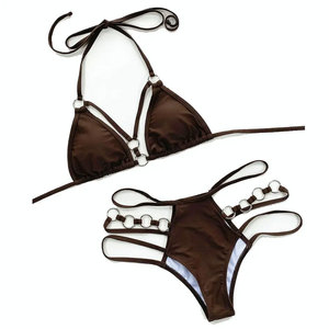 Women's Brown <b>Crossed</b> Halter Bikini Set Hollow Mesh Side Detail Cheeky Bottom Spandex Polyester Breathable Drawstring Two Piece - Product Image 3