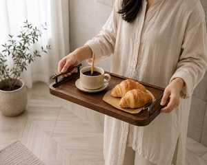 Plateau de rangement rectangulaire en bois avec poignée en laiton, design Wabi Sabi, finition laquée, pour utilisation sur table, service de boissons et de nourriture - Product Image 5